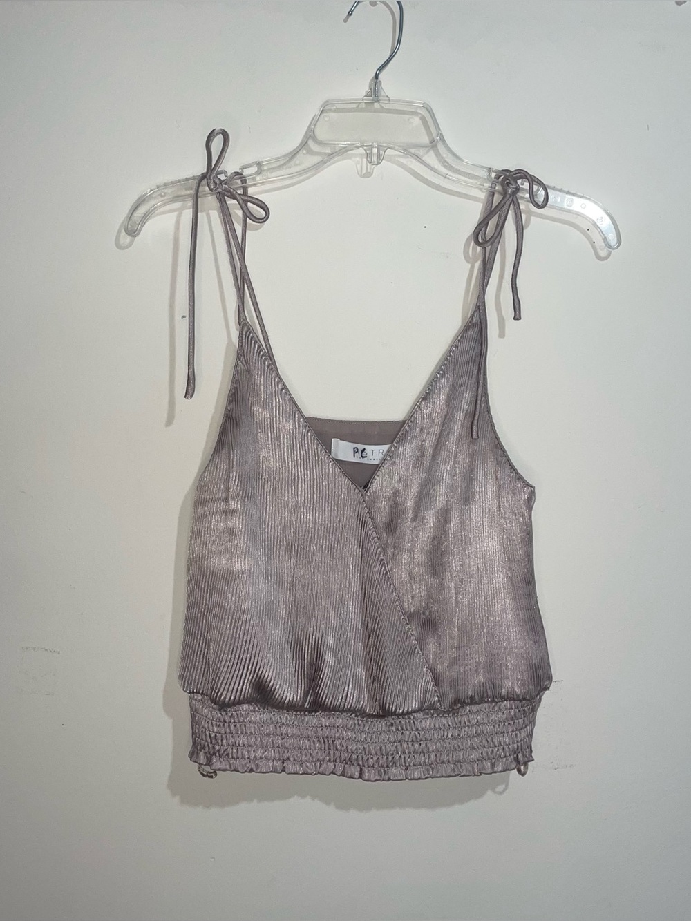 Astr The Label S Champagne V Neck Ribbed Tie Strap Metallic Crop Top